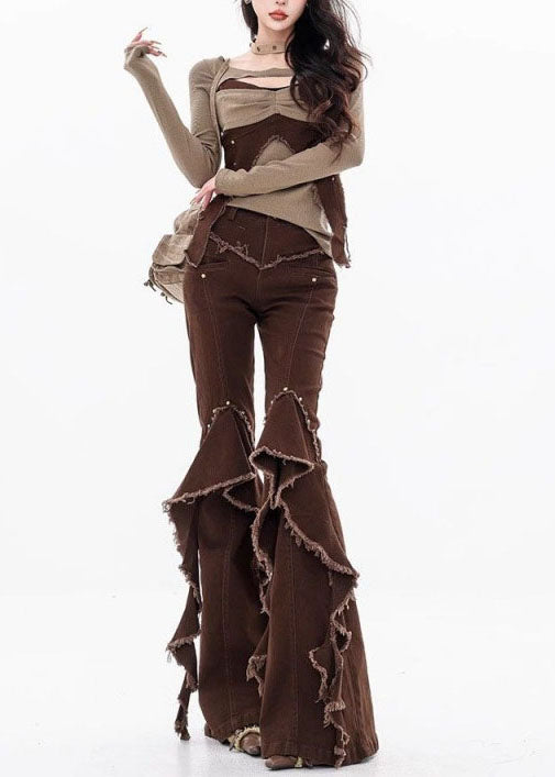 Pantalon en denim patchwork à volants et pompons marron unique pour l'automne - Street-Wave