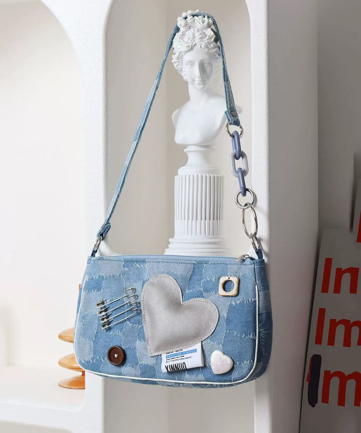 Sacs à main bandoulière uniques en denim bleu imprimé patchwork Love - Street-Wave
