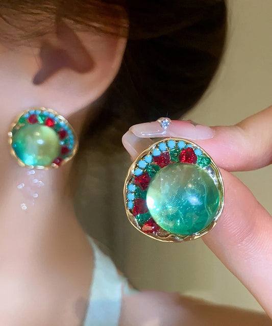 Boucles d'oreilles à tige uniques en alliage vert et émail coloré en zircon - Street-Wave
