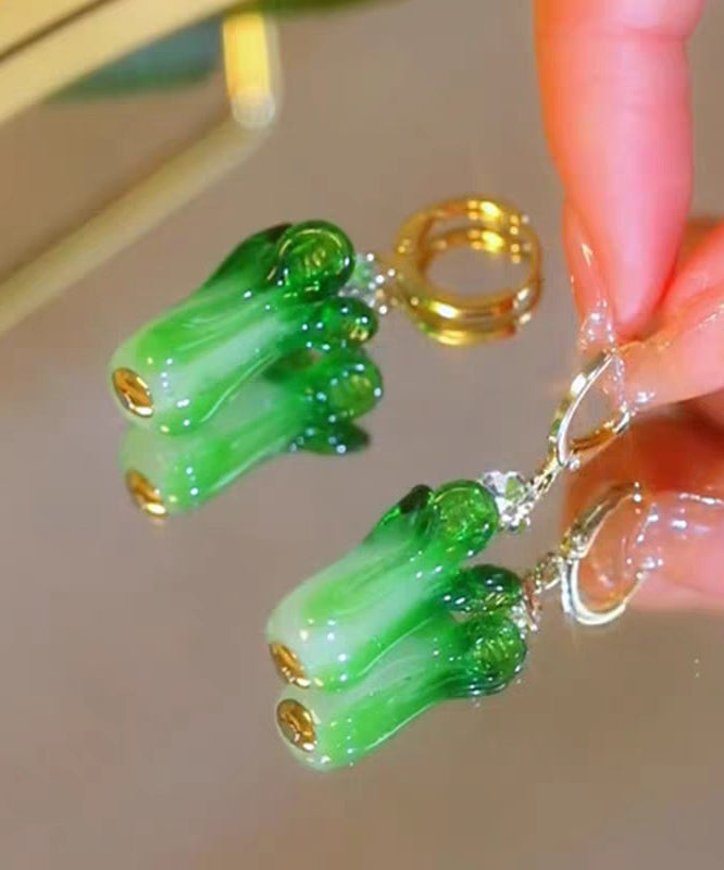 Boucles d'oreilles pendantes uniques en argent sterling vert avec glaçure colorée en forme de chou chinois - Street-Wave