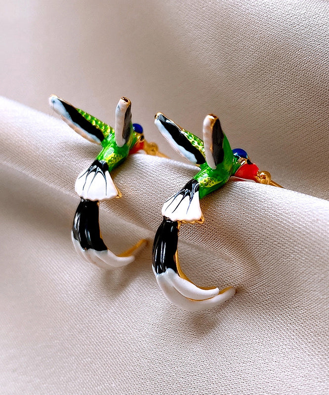 Boucles d'oreilles créoles uniques en cuivre émaillé multicolore à motif de petits oiseaux - Street-Wave