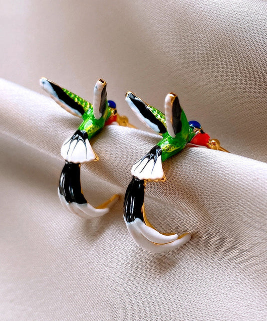 Boucles d'oreilles créoles uniques en cuivre émaillé multicolore à motif de petits oiseaux - Street-Wave