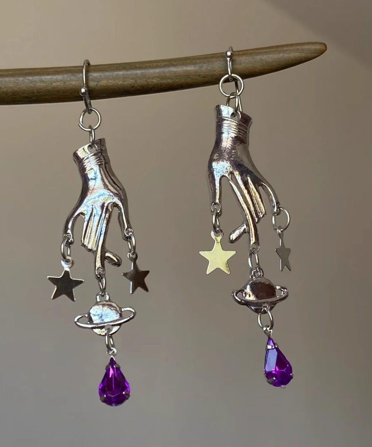 Boucles d'oreilles pendantes uniques en soie, acier inoxydable et cristal, ornées d'une étoile à cinq branches. - Street-Wave