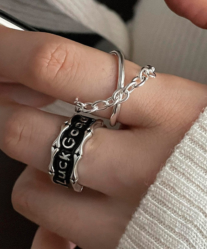 Ensemble de deux bagues uniques en argent sterling et soie, motif patchwork graphique - Street-Wave