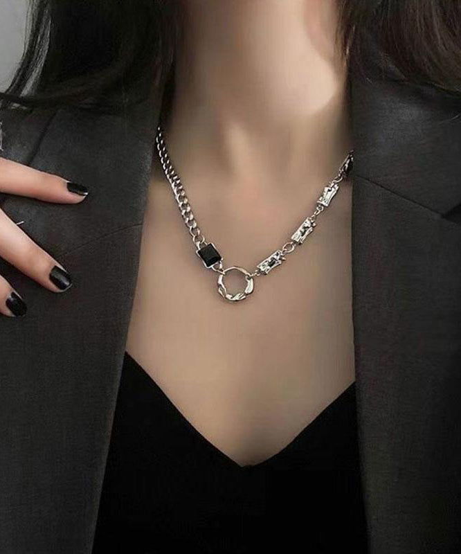 Collier sautoir asymétrique unique en soie, argent sterling et obsidienne patchwork - Street-Wave