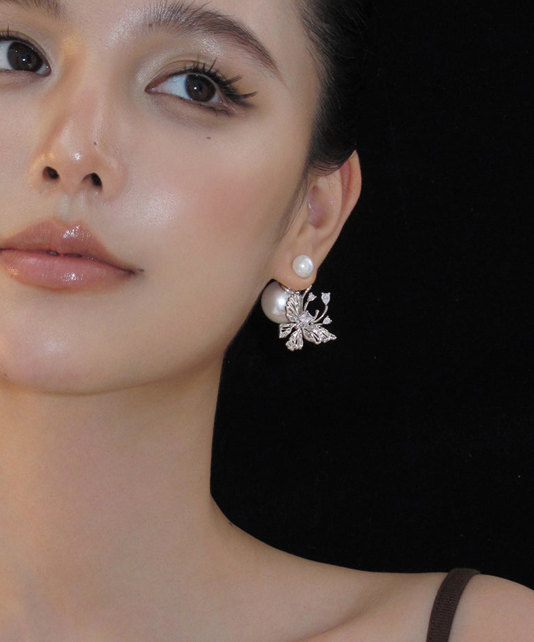 Boucles d'oreilles papillon uniques en argent sterling avec perles blanches - Street-Wave