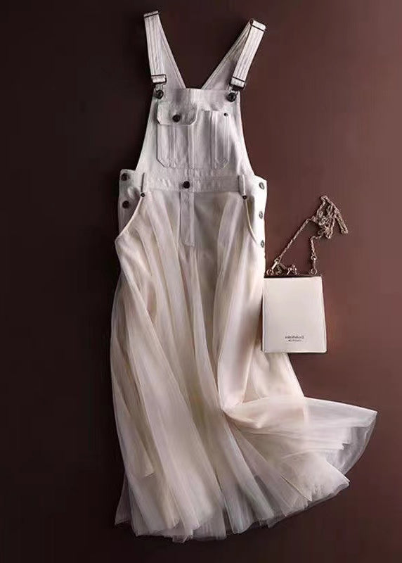 Street-Wave Denim Patchwork Dress With Grey Tulle For Women