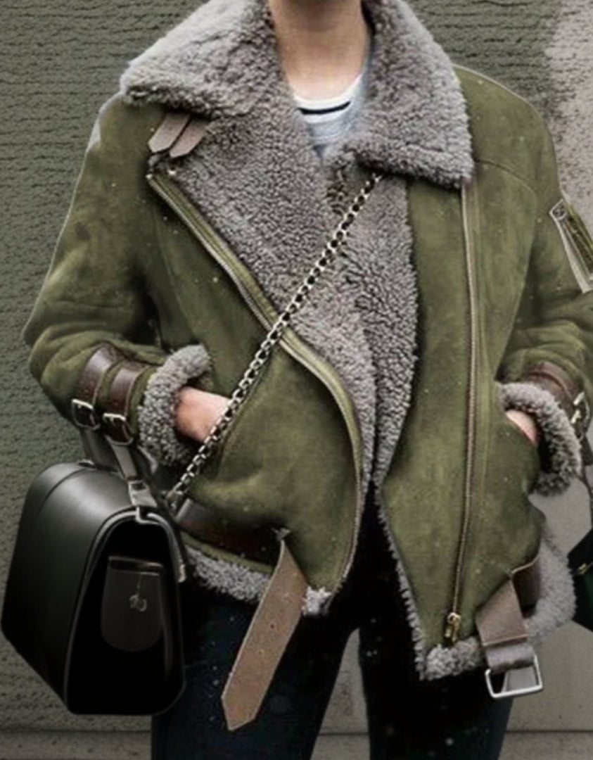 Street-wave Leather-Trim Wool Blend Coat With Shearling Lining For Women Tailored Warmth And Style
