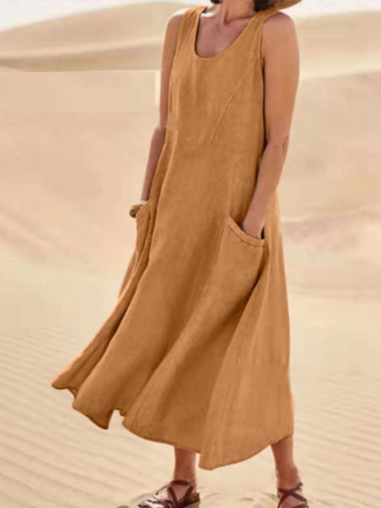 Street-wave Emily Summer Dress Sleeveless Cotton-Linen Blend Flowy Pockets Elegant Comfort for Women