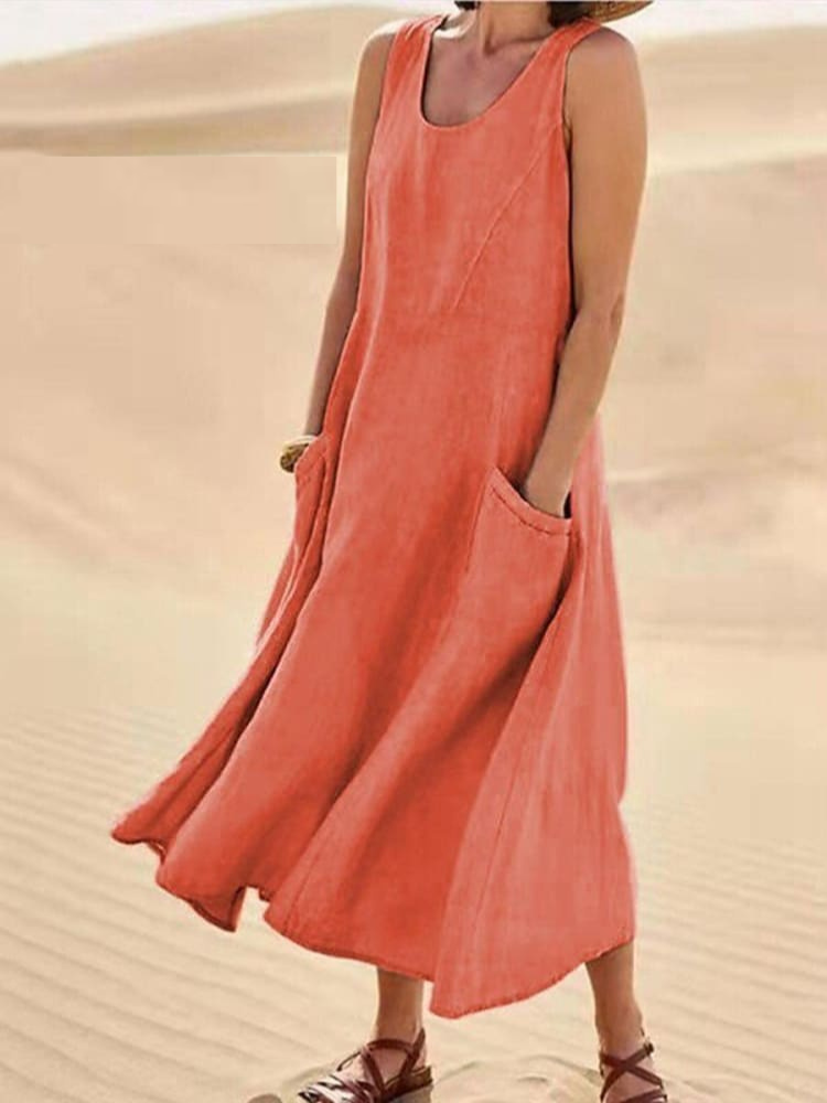 Street-wave Emily Summer Dress Sleeveless Cotton-Linen Blend Flowy Pockets Elegant Comfort for Women