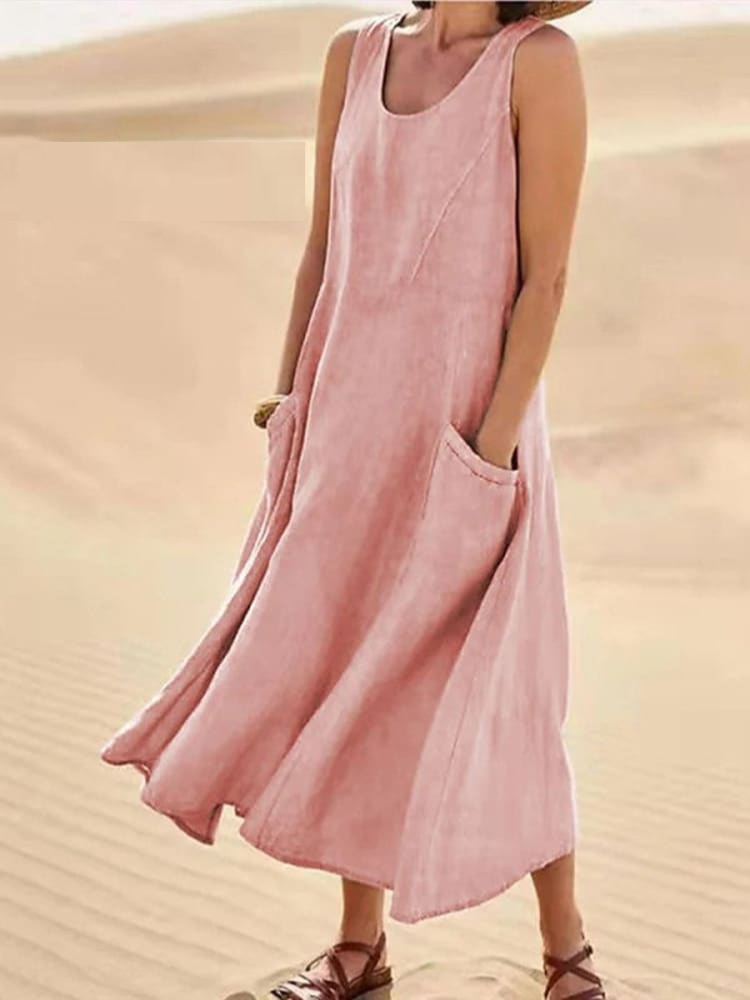 Street-wave Emily Summer Dress Sleeveless Cotton-Linen Blend Flowy Pockets Elegant Comfort for Women