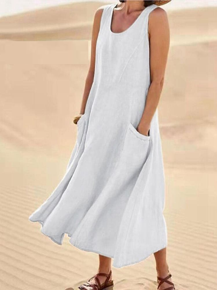 Street-wave Emily Summer Dress Sleeveless Cotton-Linen Blend Flowy Pockets Elegant Comfort for Women