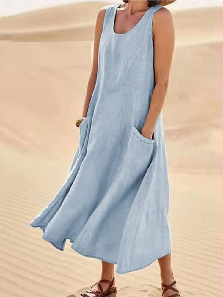 Street-wave Emily Summer Dress Sleeveless Cotton-Linen Blend Flowy Pockets Elegant Comfort for Women
