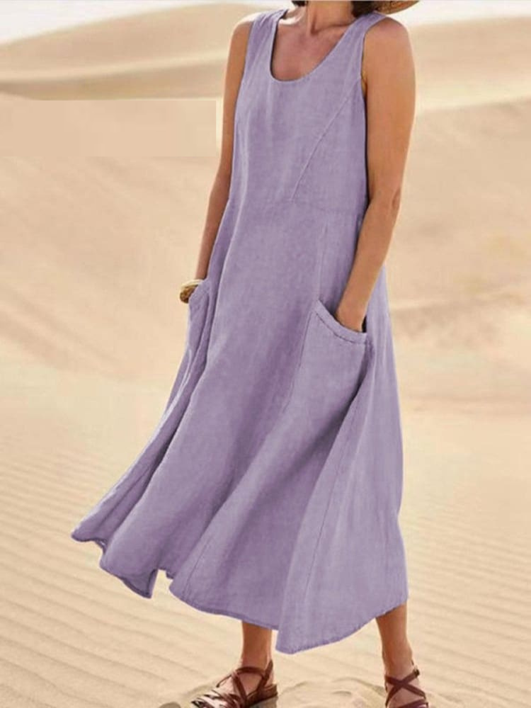 Street-wave Emily Summer Dress Sleeveless Cotton-Linen Blend Flowy Pockets Elegant Comfort for Women