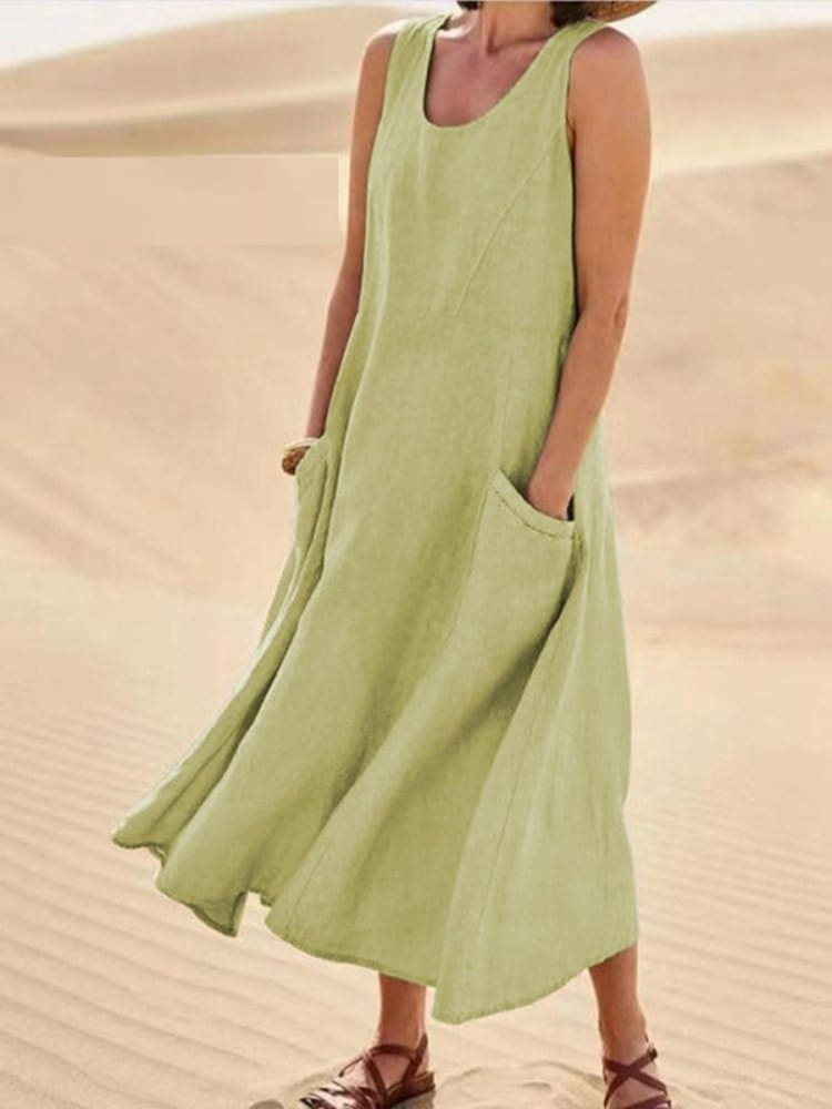 Street-wave Emily Summer Dress Sleeveless Cotton-Linen Blend Flowy Pockets Elegant Comfort for Women