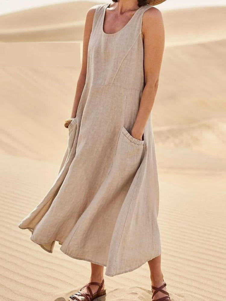 Street-wave Emily Summer Dress Sleeveless Cotton-Linen Blend Flowy Pockets Elegant Comfort for Women