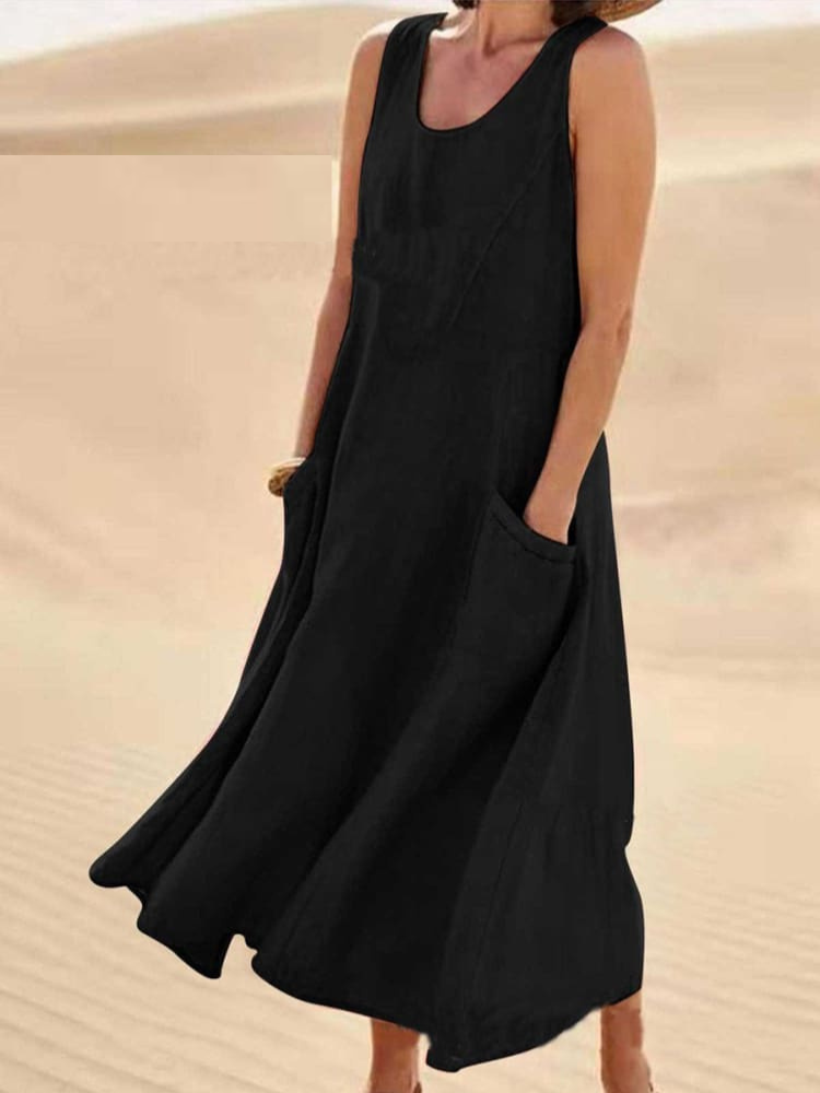 Street-wave Emily Summer Dress Sleeveless Cotton-Linen Blend Flowy Pockets Elegant Comfort for Women