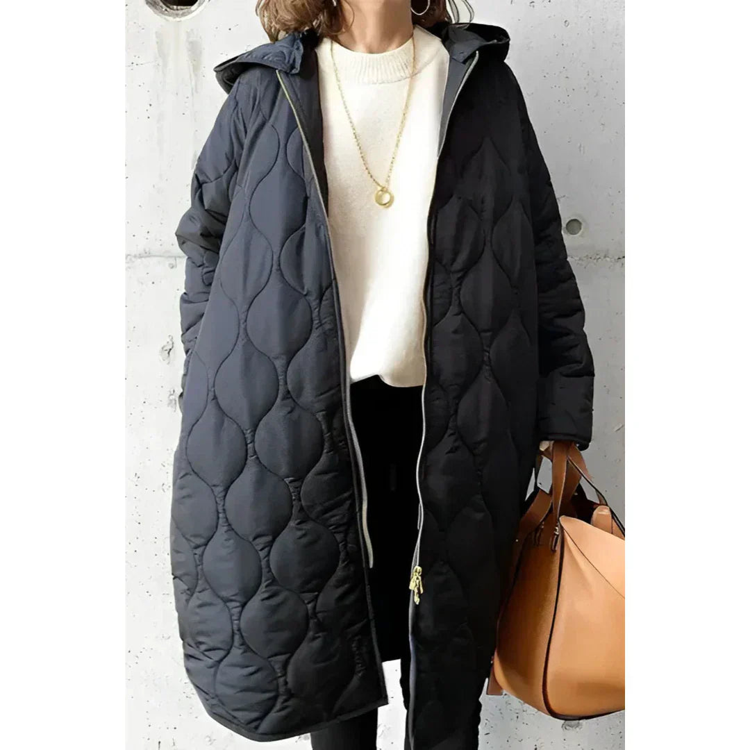 Street Wave Quilted Long Coat For Women Oversized Hooded Puffer With Zipper Warmth