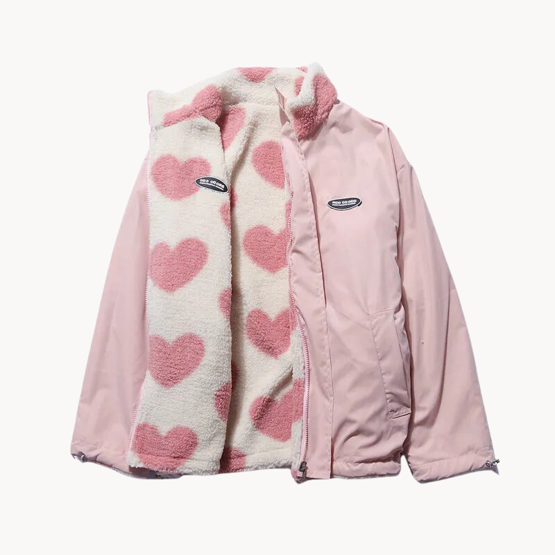 Streetwave Pink Womens Jacket With Double Heart Pattern And Shearling Lined Warm Outerwear For Women