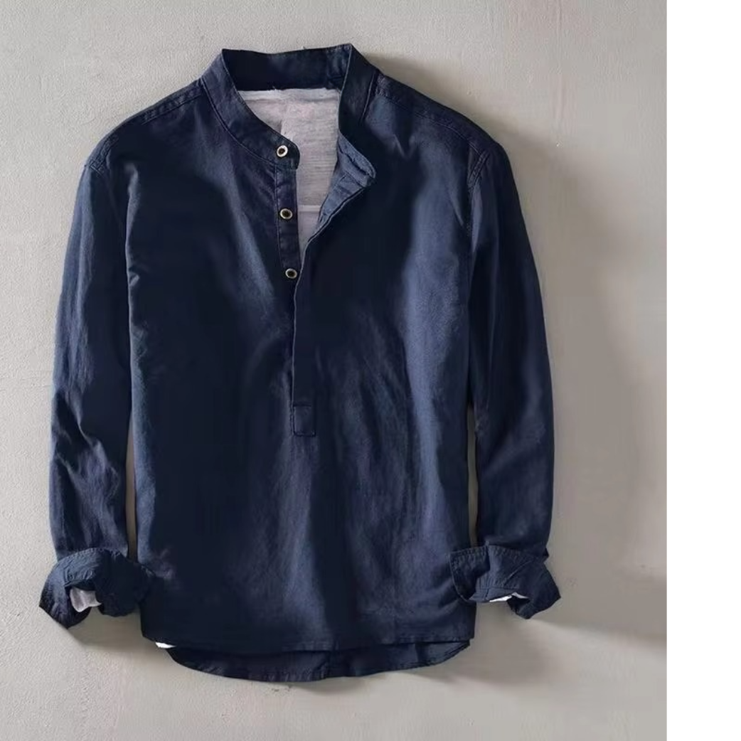 Street-Wave Men's Summer Linen Blend Stand Collar Long Sleeve Casual Shirt Breathable 55 Percent Linen Blend
