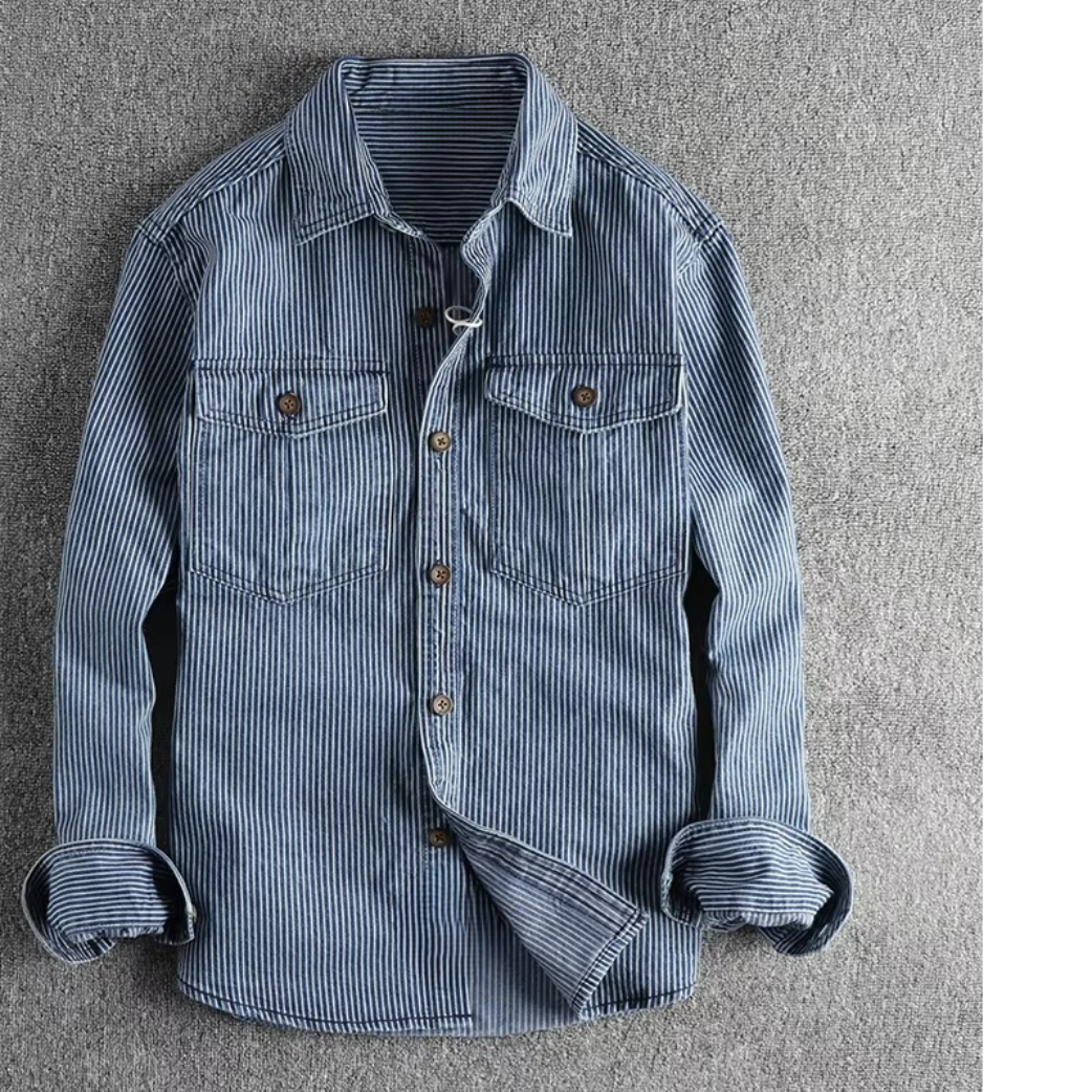Vintage Washed Striped Denim Cargo Shirt For Men By Street-Wave Durable Rugged Workwear Everyday Comfort And Versatile Style