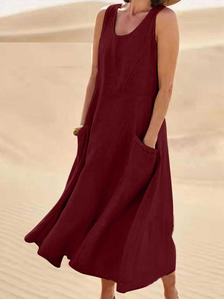 Street-wave Emily Summer Dress Sleeveless Cotton-Linen Blend Flowy Pockets Elegant Comfort for Women