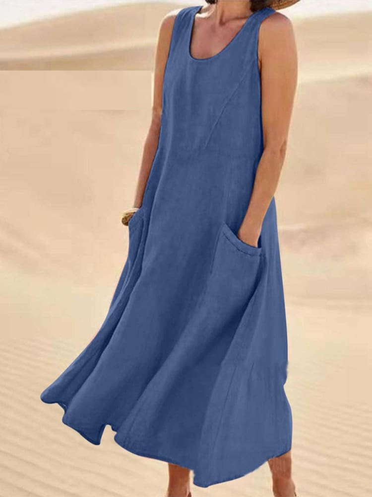 Street-wave Emily Summer Dress Sleeveless Cotton-Linen Blend Flowy Pockets Elegant Comfort for Women
