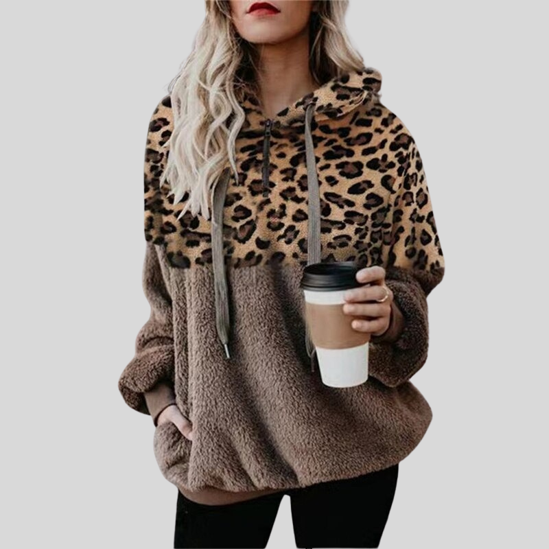Street Wave Leopard Print Plush Hoodie For Women Oversized Cozy Comfort Soft Warm