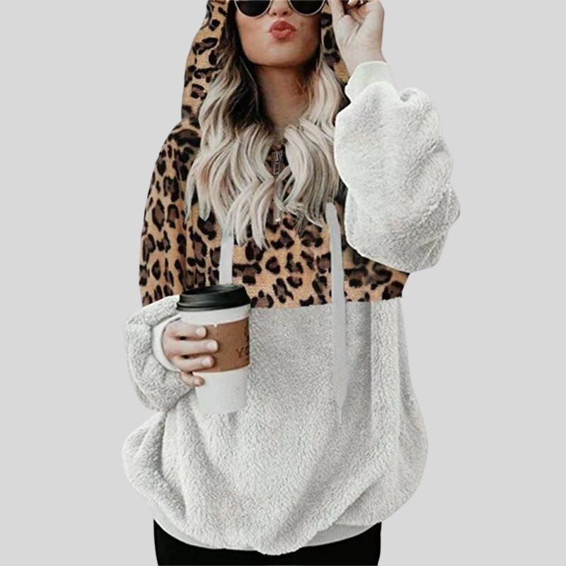 Street Wave Leopard Print Plush Hoodie For Women Oversized Cozy Comfort Soft Warm