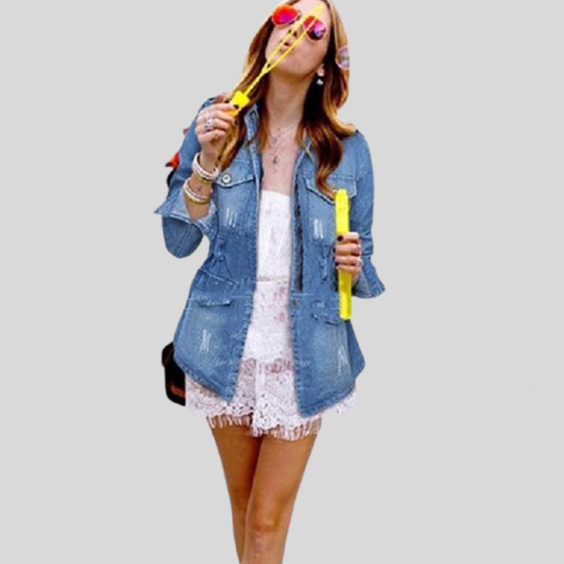 Street Wave Distressed Denim Jacket Unisex Casual Hip Length With Chest Pockets Button Closure