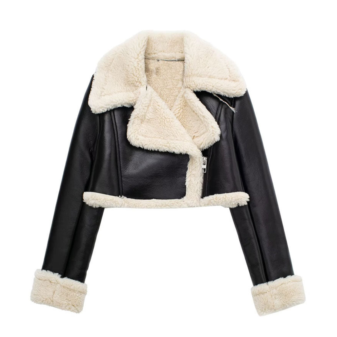 Street-Wave Warm Faux Leather Jacket With Shearling Lining For Women Cozy Winter Coat