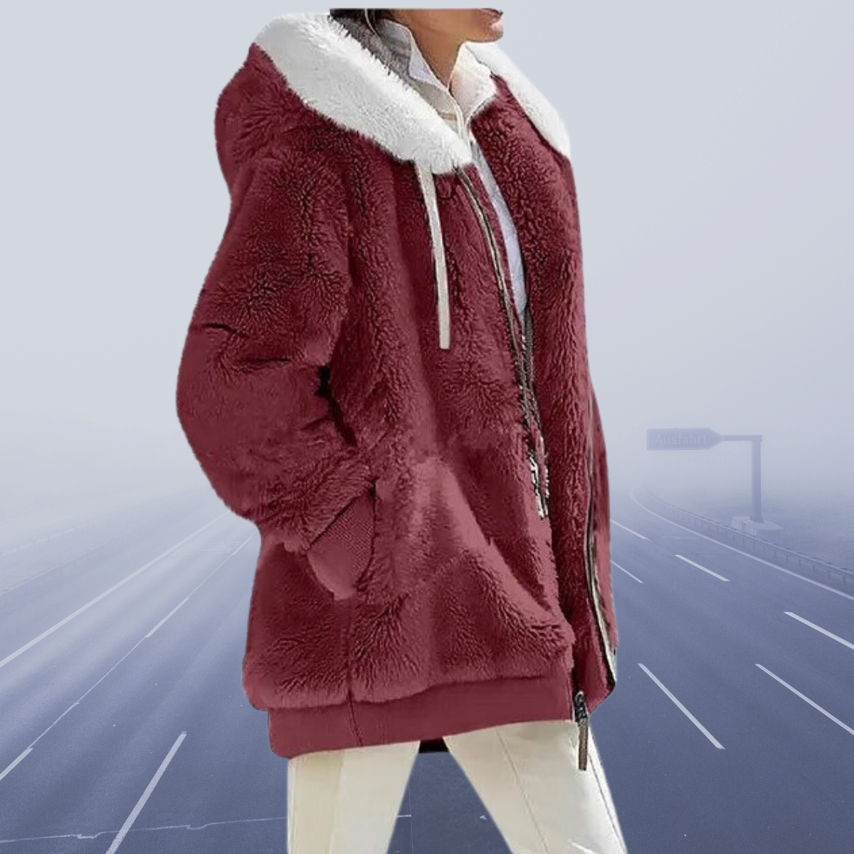 Street-wave Womens Faux Shearling Jacket With White Collar Luxurious Cozy Winter Outerwear