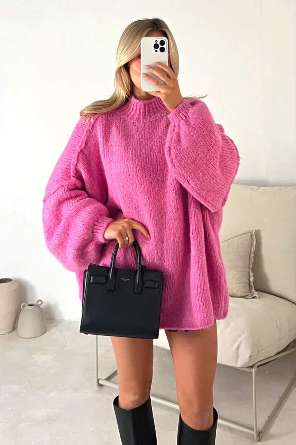 Street Wave Cozy Oversized Knit Pullover For Women With Dramatic Balloon Sleeves