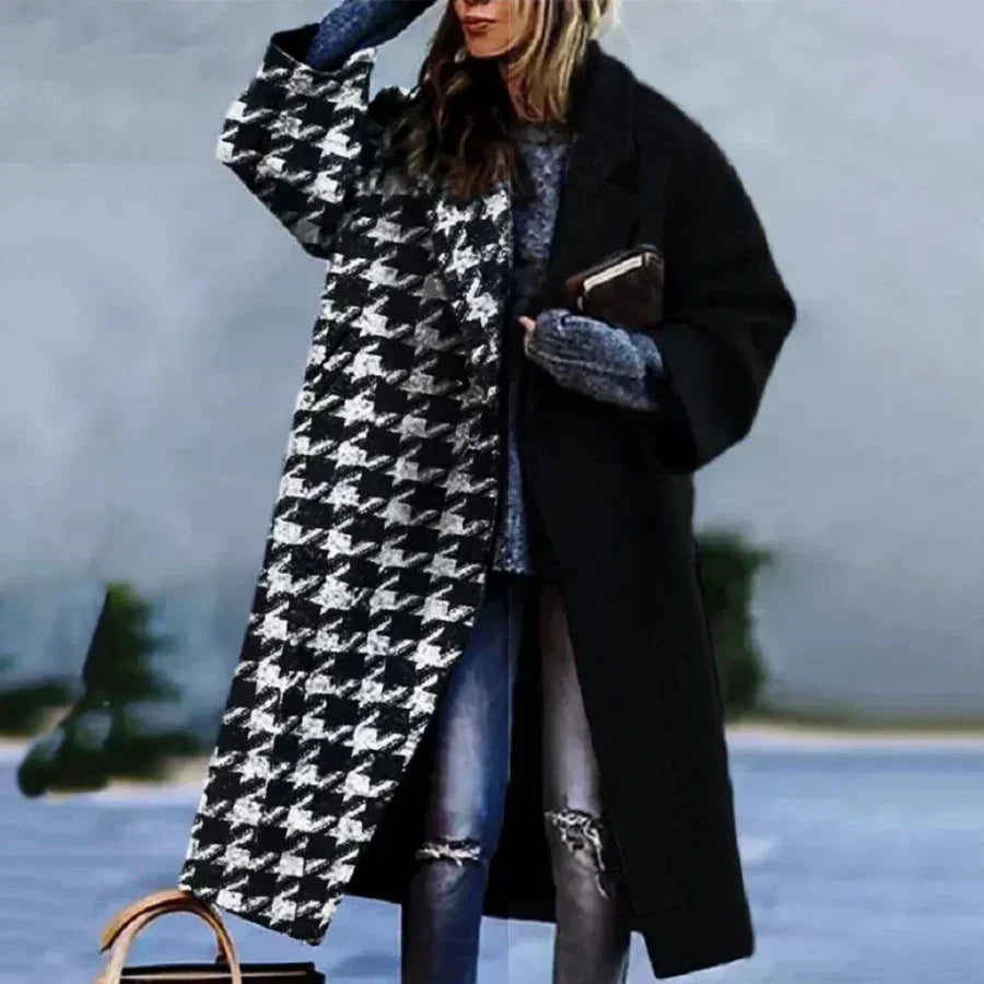 Street-Wave Long Wool Blend Coat With Abstract Statement Pattern For Fashionable Women