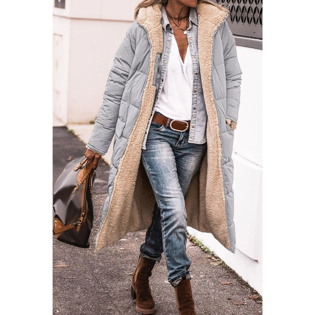 Street-Wave Gloria Long Winter Puffer Trench Coat For Women Warm Shearling Lined Navy Design