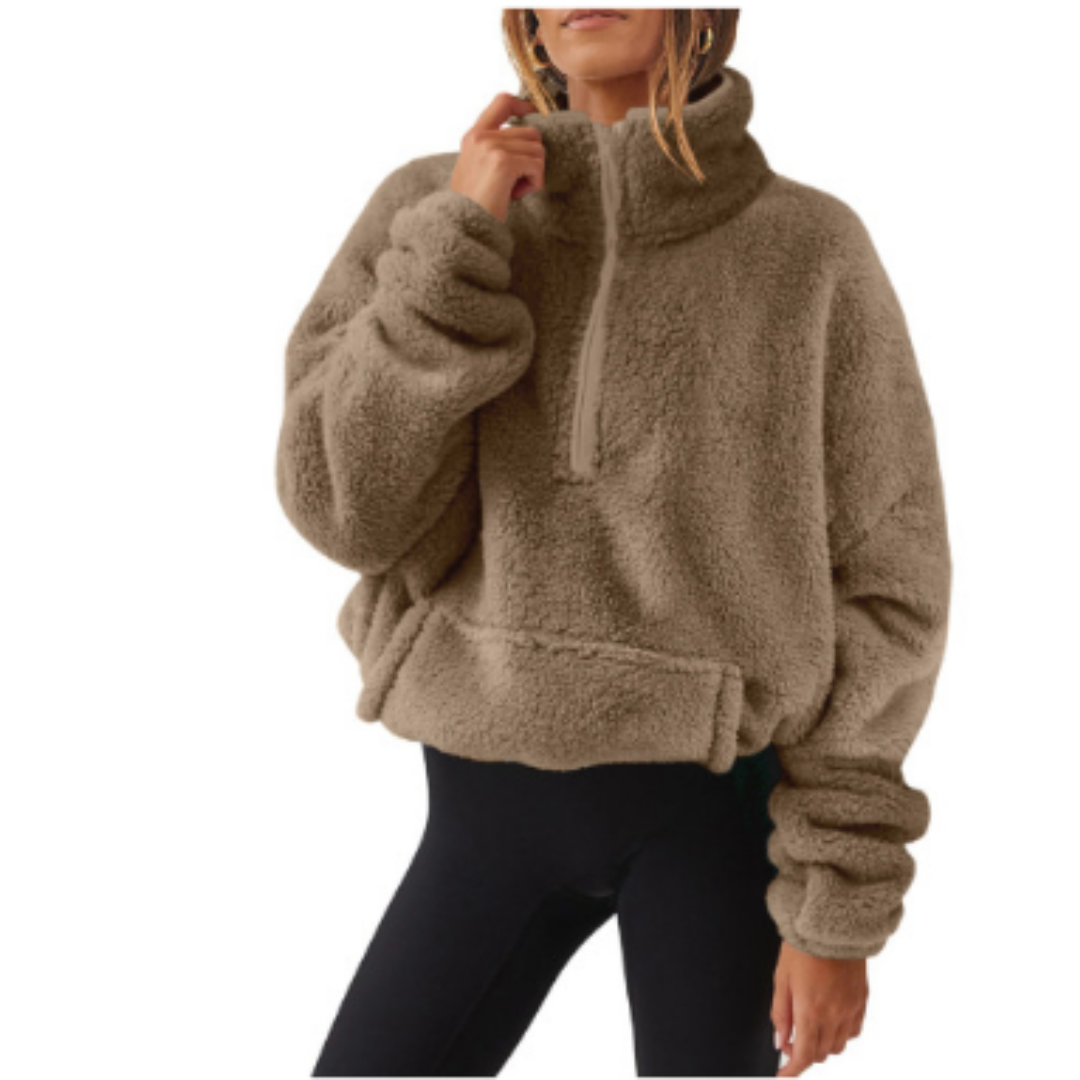 Street Wave Teddy Fleece Pullover For Women Cozy Warmth With Stand Collar And Asymmetric Hem