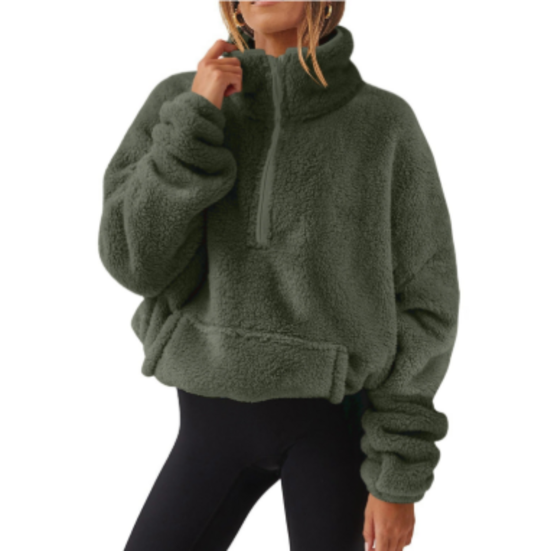 Street Wave Teddy Fleece Pullover For Women Cozy Warmth With Stand Collar And Asymmetric Hem