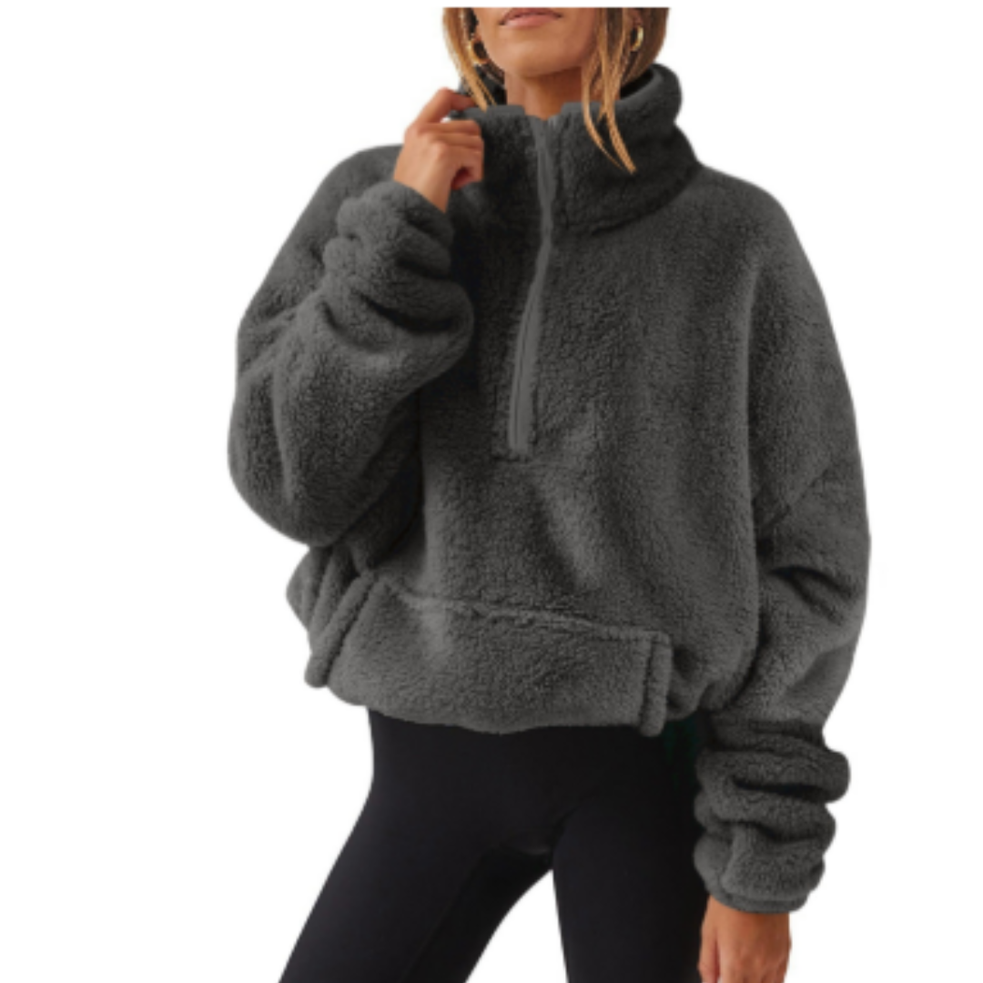 Street Wave Teddy Fleece Pullover For Women Cozy Warmth With Stand Collar And Asymmetric Hem