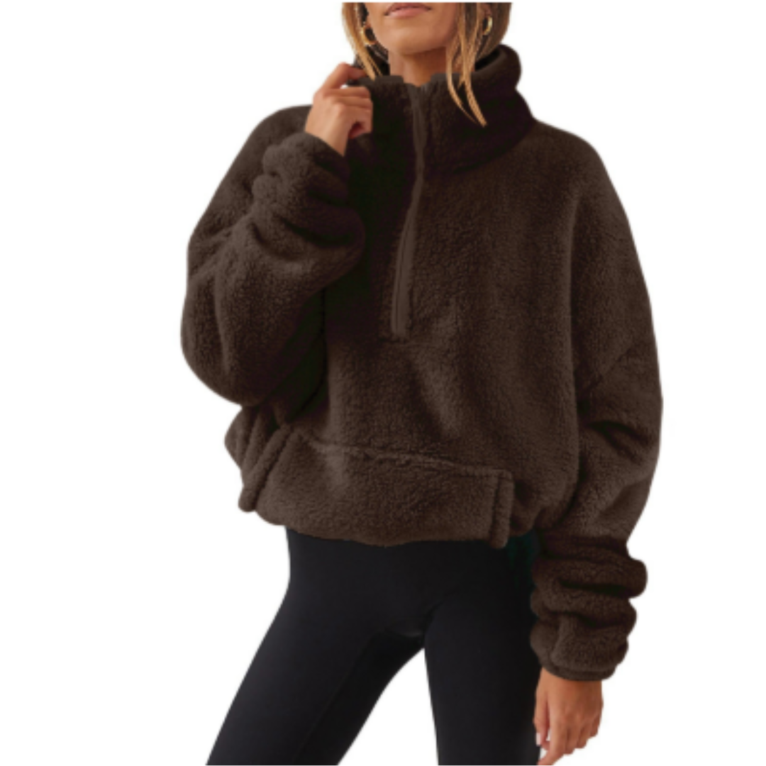 Street Wave Teddy Fleece Pullover For Women Cozy Warmth With Stand Collar And Asymmetric Hem