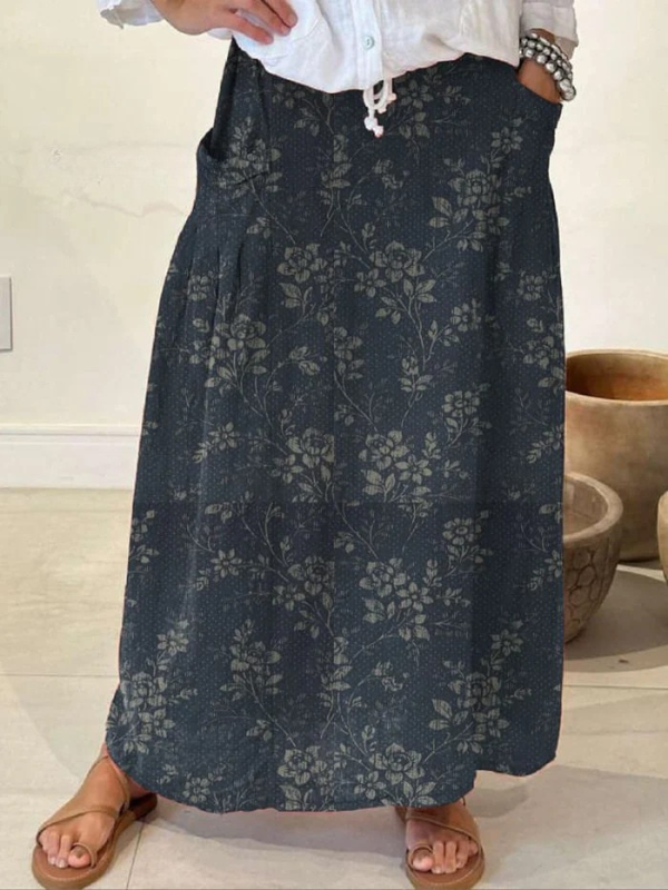 Women's Floral Pocket Skirt with Elastic Waistband and Versatile Style