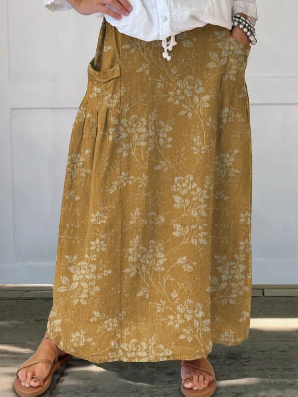 Women's Floral Pocket Skirt with Elastic Waistband and Versatile Style