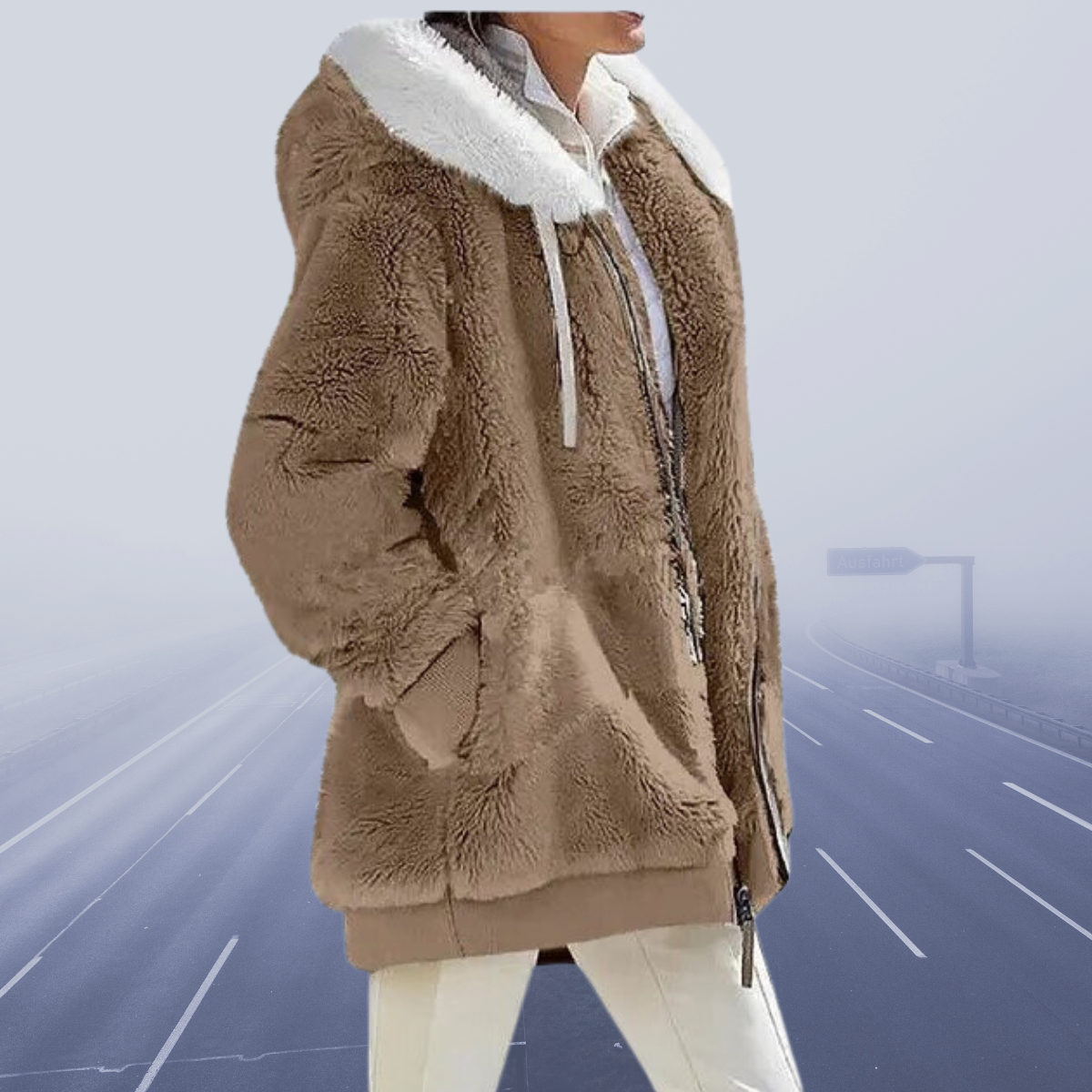 Street-wave Womens Faux Shearling Jacket With White Collar Luxurious Cozy Winter Outerwear