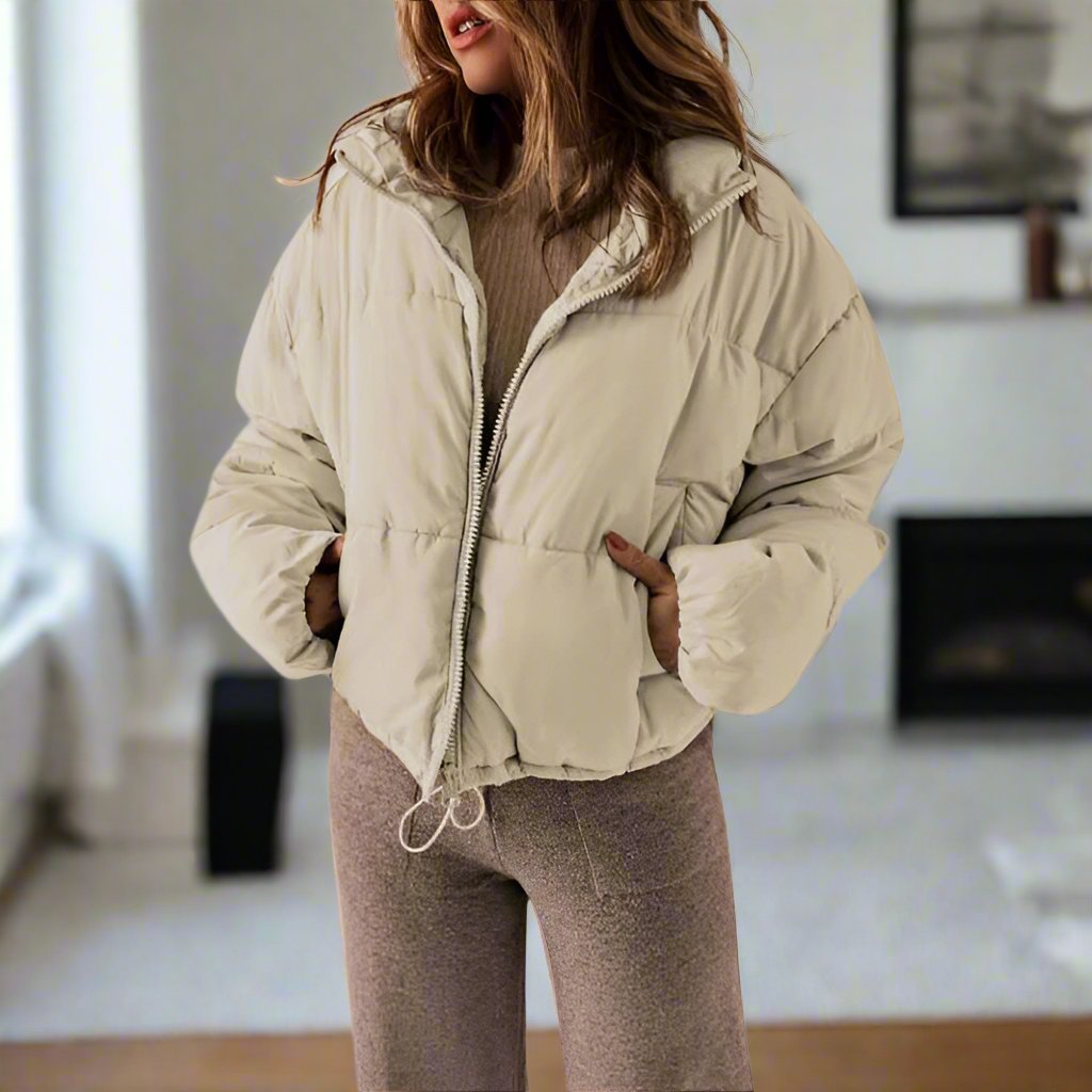 Street-Wave Short Puffer Jacket With High Collar Zipper Adjustable Fit For Women