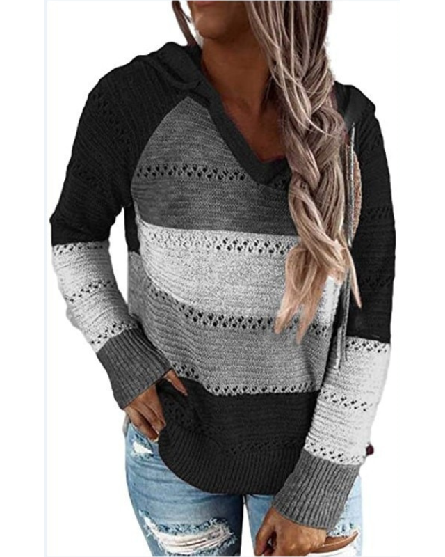 Striped Knit Hoodie Street Wave For Women Breathable Eyelet Pattern