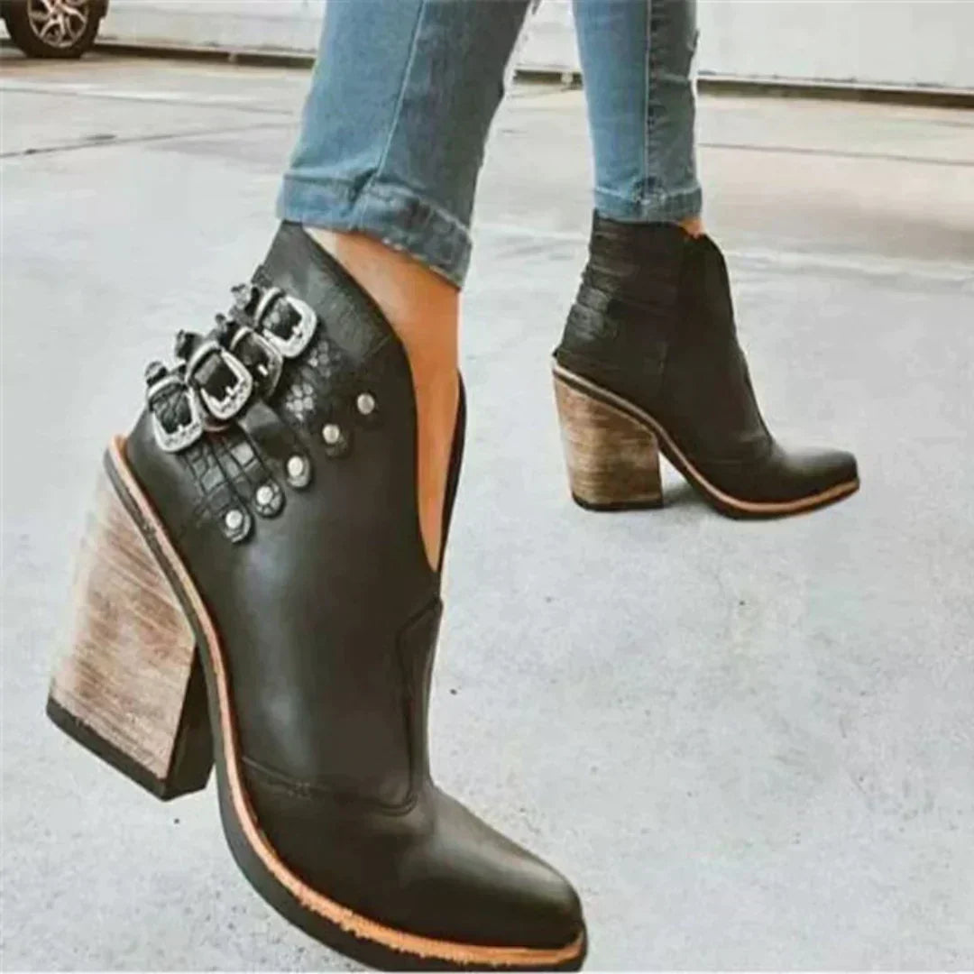 Street-Wave Womens Western Boots Buckled Ankle Boots Comfortable Block Heel Leather For Everyday Wear