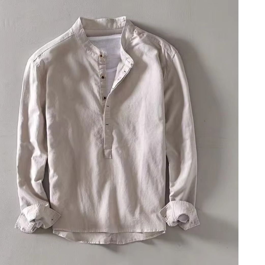 Street-Wave Men's Summer Linen Blend Stand Collar Long Sleeve Casual Shirt Breathable 55 Percent Linen Blend