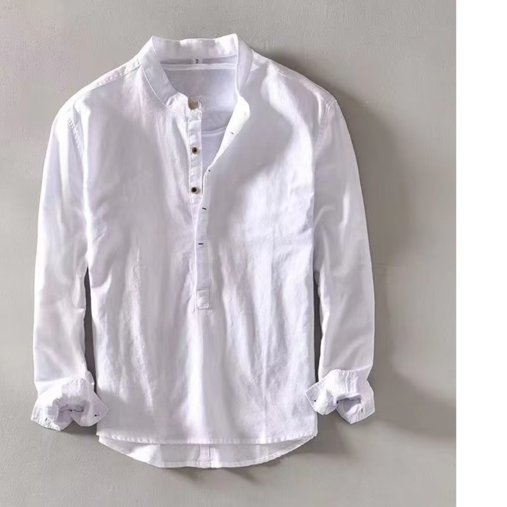 Street-Wave Men's Summer Linen Blend Stand Collar Long Sleeve Casual Shirt Breathable 55 Percent Linen Blend