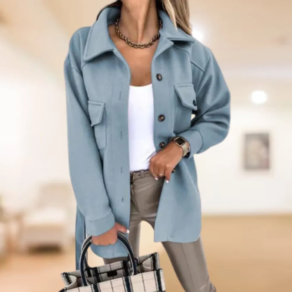 Street-wave Women Polo Button Coat Belted Cozy Autumn Winter Jacket For Everyday Wear