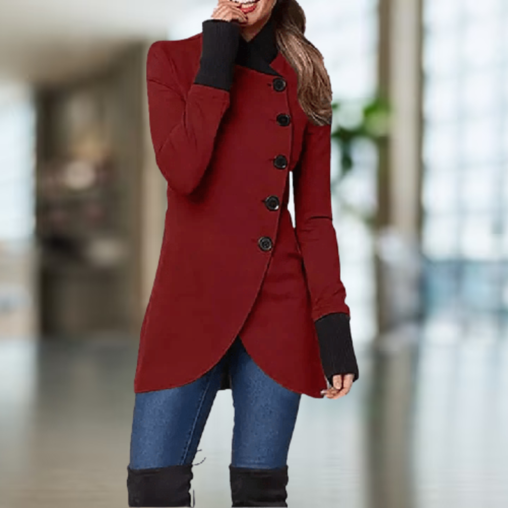Street-wave Wool Blend Coat For Women With High Collar Asymmetric Cut Button Details Elegant Fit