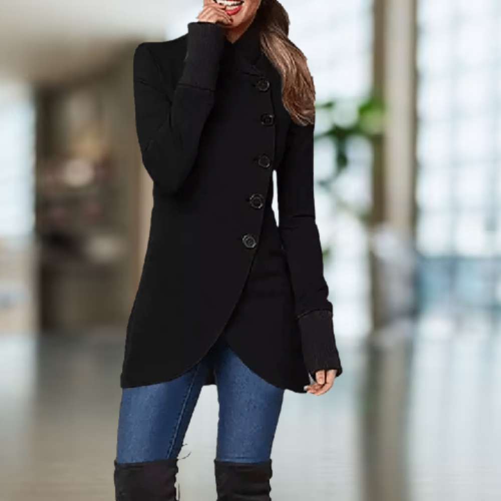 Street-wave Wool Blend Coat For Women With High Collar Asymmetric Cut Button Details Elegant Fit